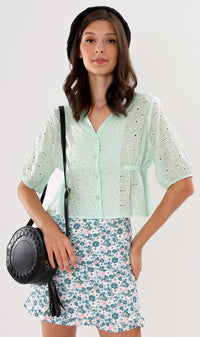 MICAELA Buttoned Eyelet Peplum Top (Mint)