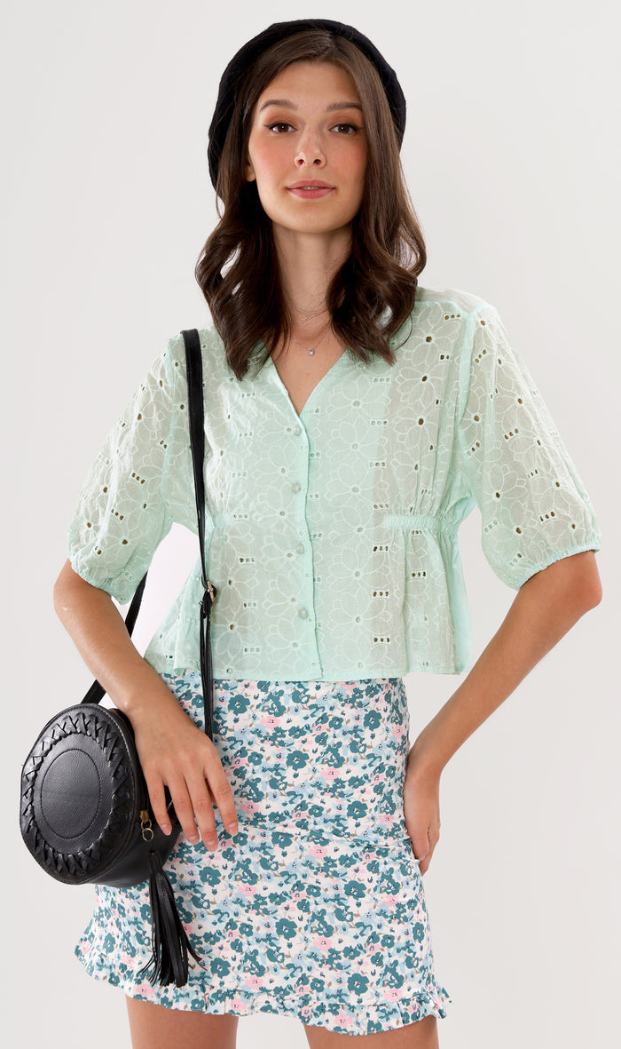 MICAELA Buttoned Eyelet Peplum Top (Mint)