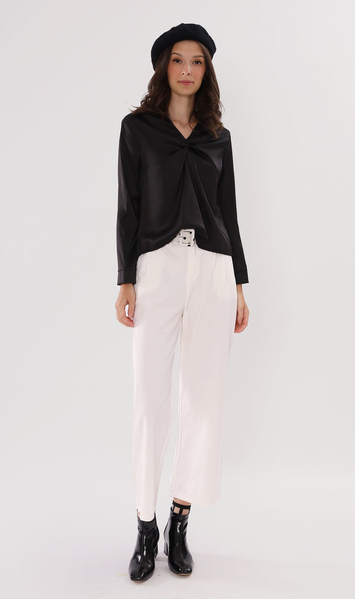ELLIS Ruched-Front Collared Top (Black)