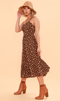 CRESSIDA Floral Lace-Up Midi Dress (Chocolate)