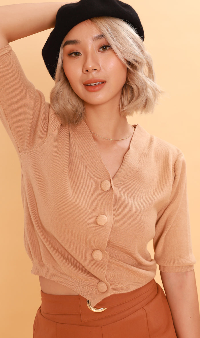 SYLVIE Knit Button-Down Cardi (Nude)