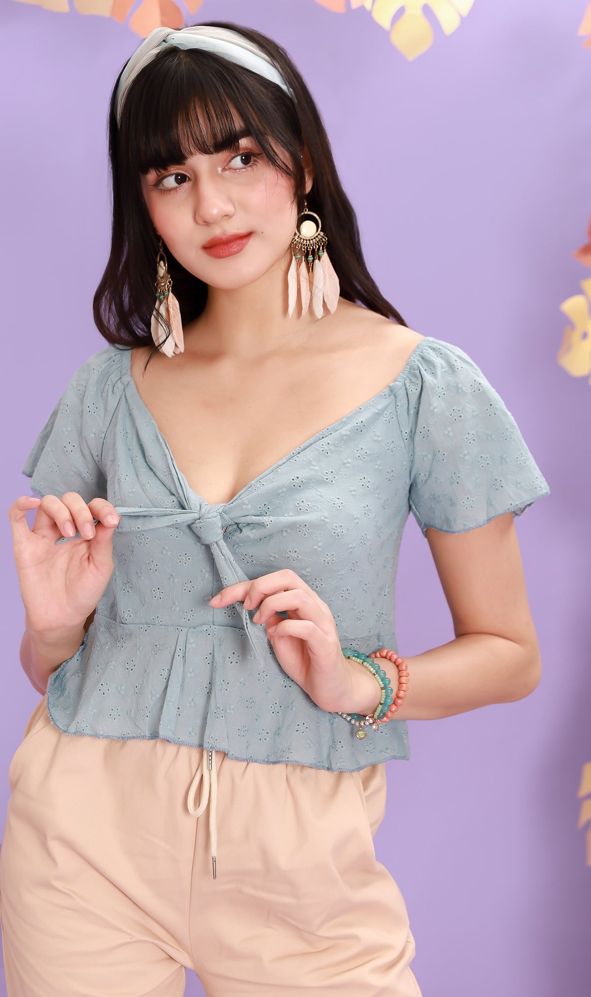MINDY Tie-Bust Eyelet Crop Top (Ocean Blue)