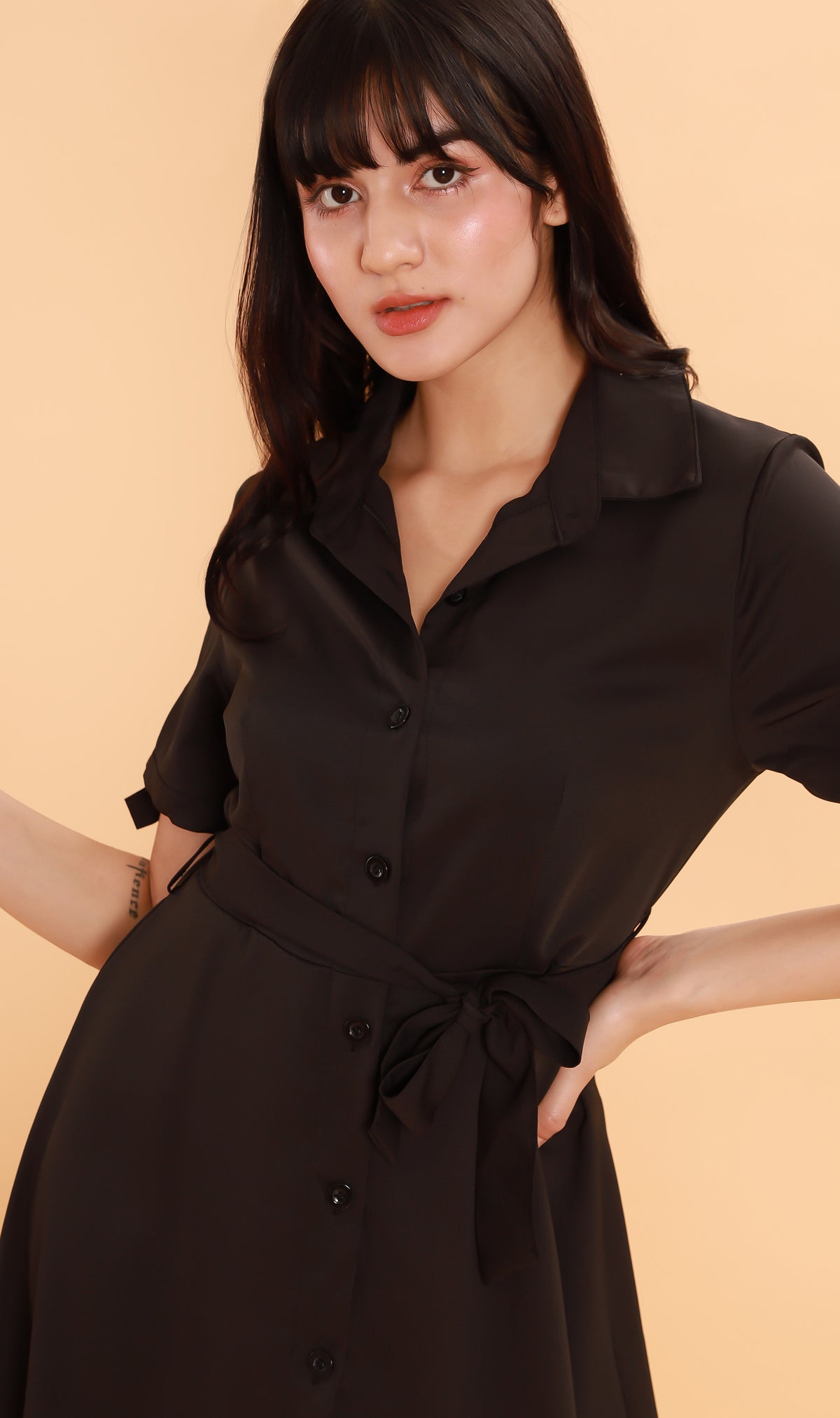 PEYTON Belted Button-Down Dress (Black)