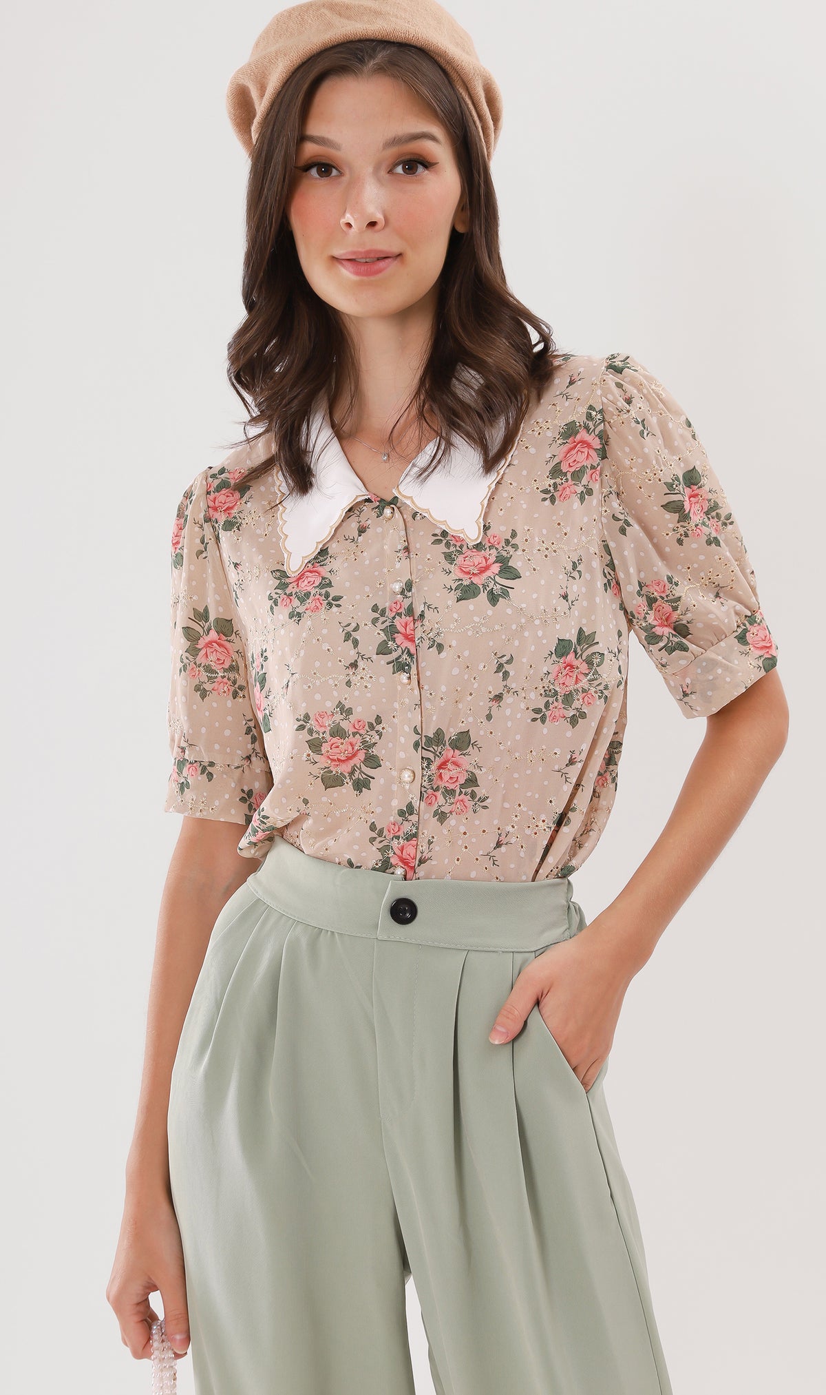 EZRA High-Waisted Pleated Tailored Trousers (Sage)