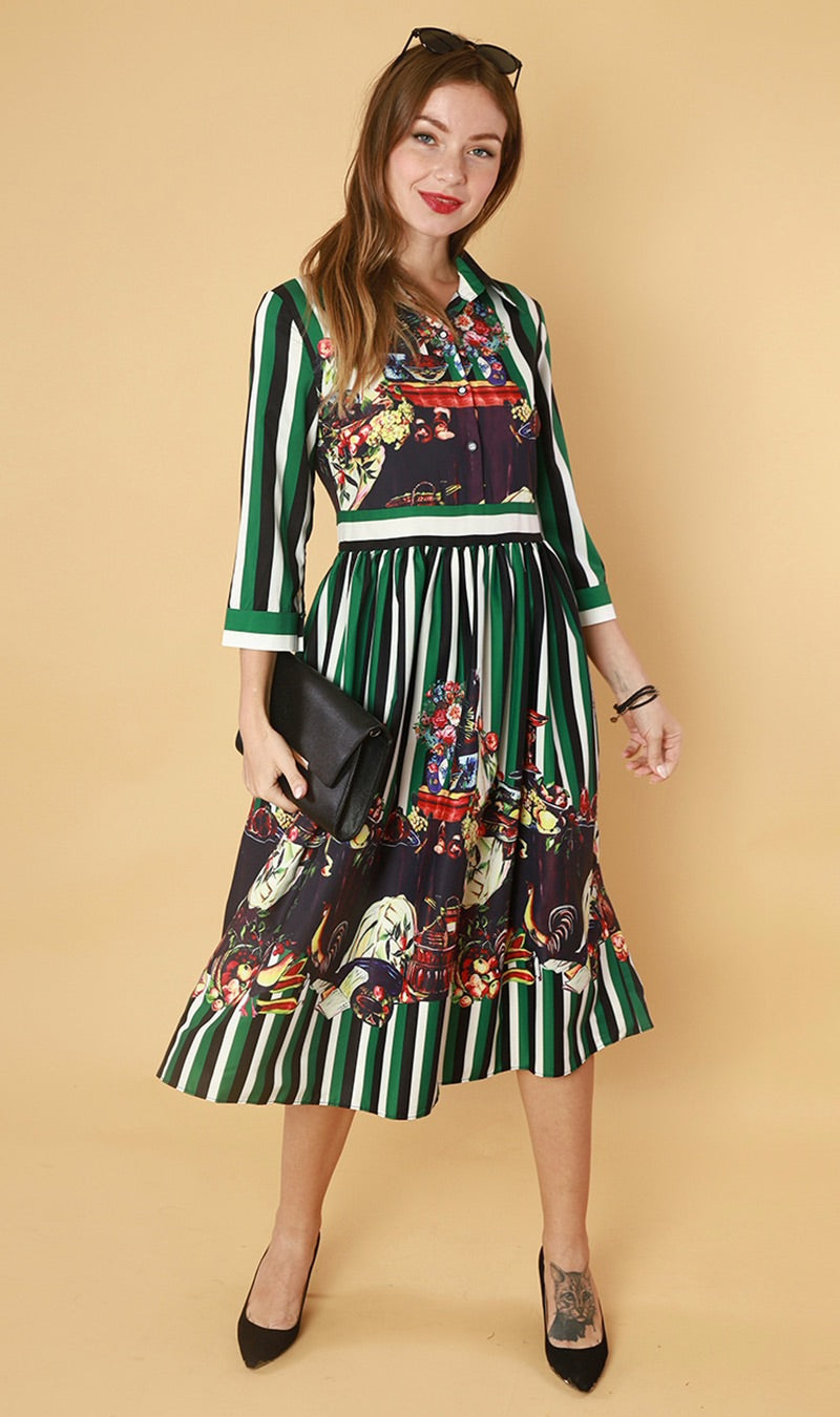 QUINCE Long-Sleeve Collared Dress (Green)