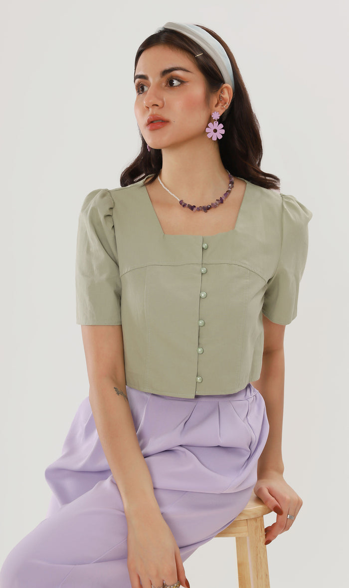 CHANTAL Buttoned Square-Neck Top (Avocado)