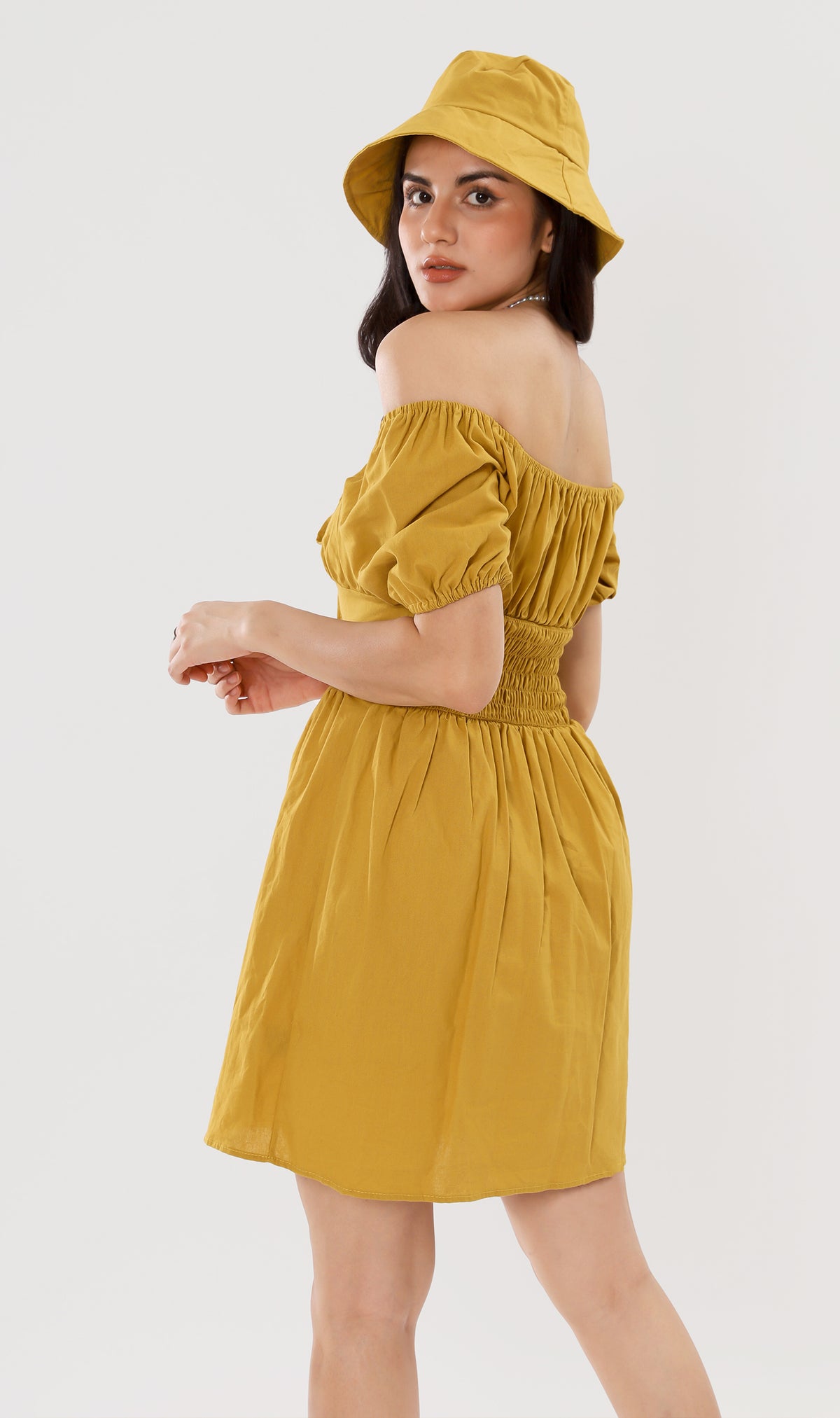 QUINCY Ruched Puff-Sleeve Dress w/ Hat (Mustard)