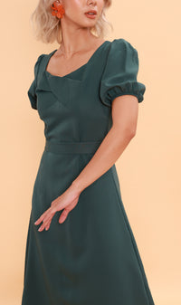 DAPH Puff-Sleeve Midi Dress (Emerald)