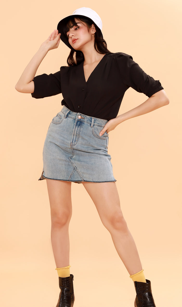 STELLA Button-Down Long-Sleeve Top (Black)