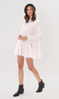 IMOGEN Bib-Collar Long-Sleeve Tiered Dress (White)