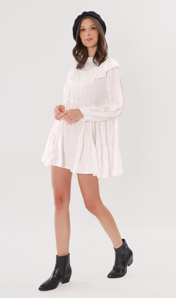 IMOGEN Bib-Collar Long-Sleeve Tiered Dress (White)