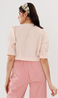 KATYA Buttoned Puff-Sleeve Grid Top (Custard)