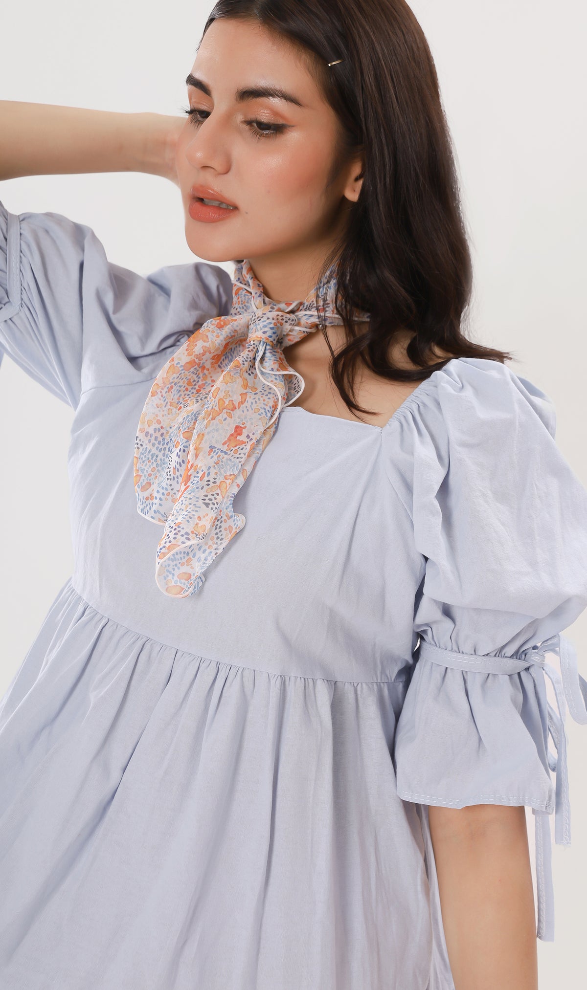 MADILYN Tiered Tie Puff-Sleeve Dress (Powder Blue)