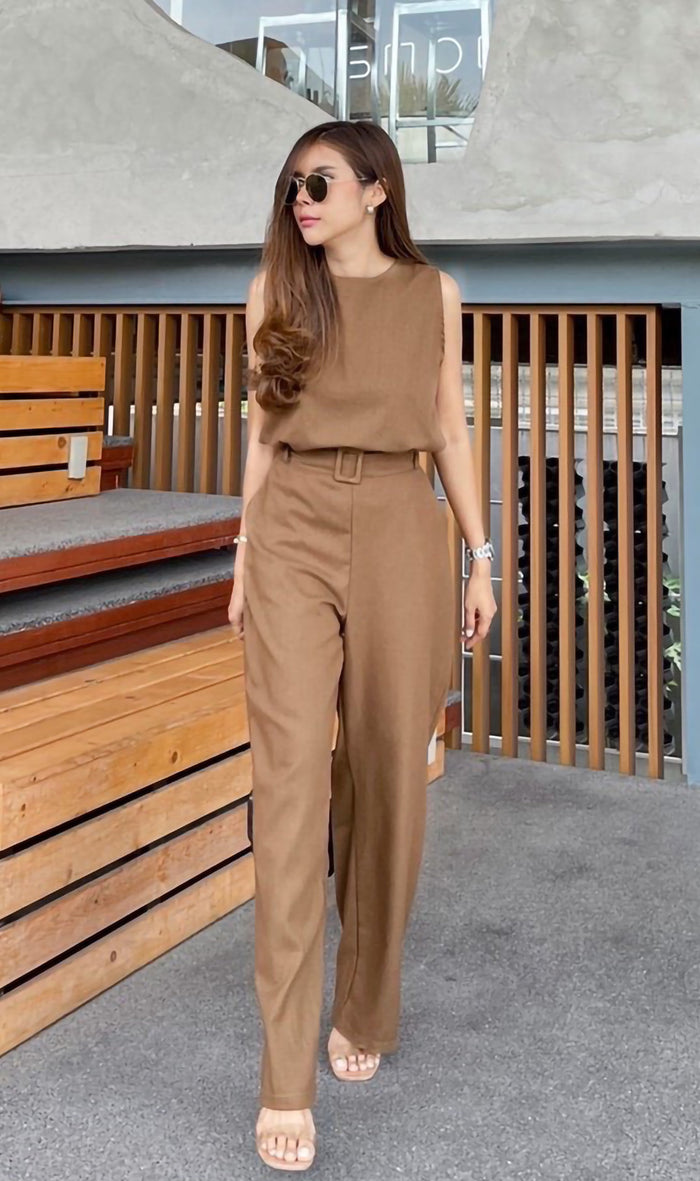 WILLA Linen Sleeveless Top & Belted Pants Co-ord (Mocha)