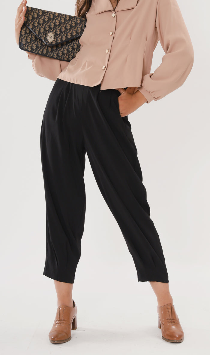EZRA High-Waisted Pleated Tailored Trousers (Black)