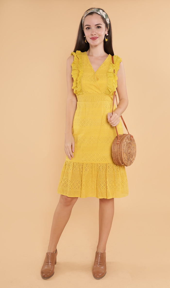 NERINE Ruffled Eyelet Dress (Canary)