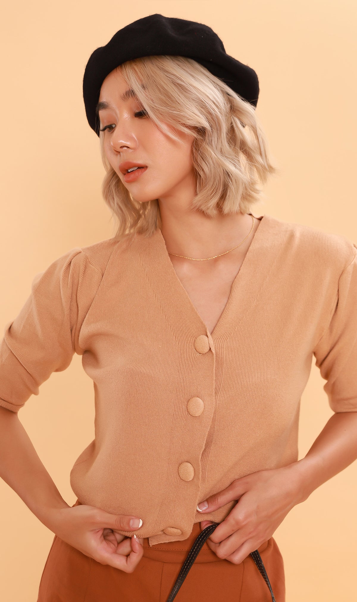 SYLVIE Knit Button-Down Cardi (Nude)