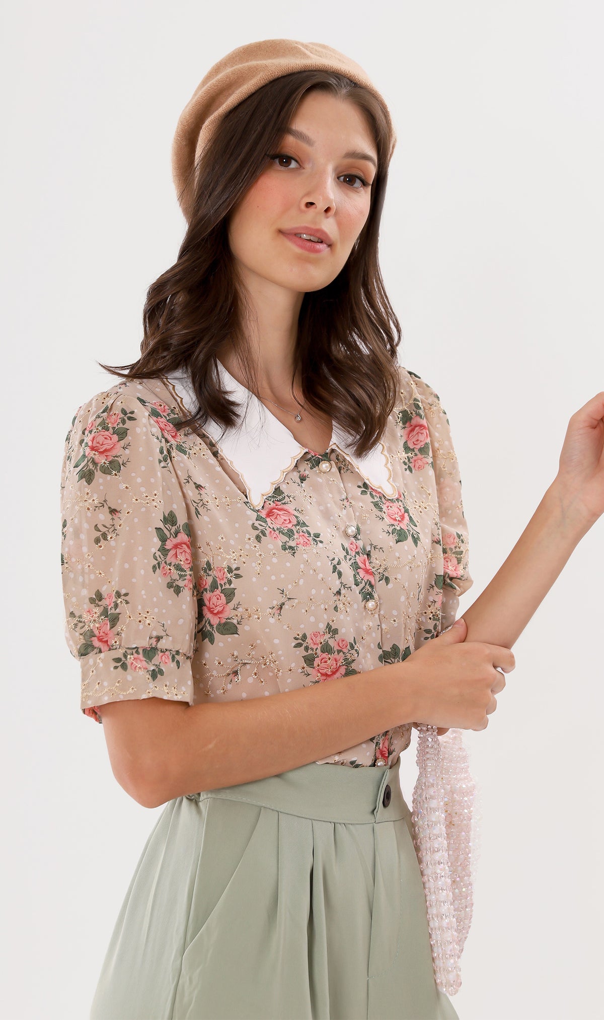 FARRAH Vintage-Collar Chiffon Button-Down (Nude)
