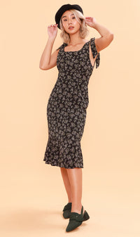 LUCINDA Tie-Strap Mermaid Midi Dress (Black)