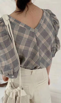 MARLA Plaid Puff-Sleeve 2-way Top (Dark Grey)