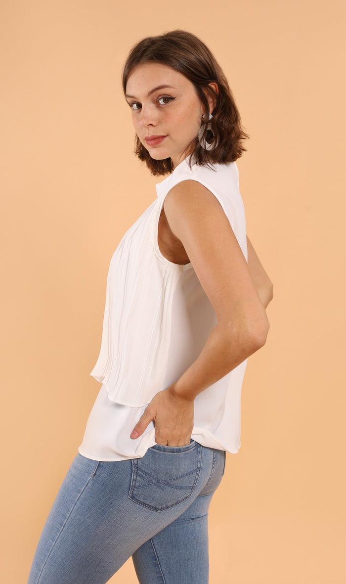 GEMMA Pleated Mock-Neck Top (White)