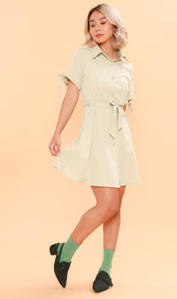PEYTON Belted Button-Down Dress (Pastel Green)