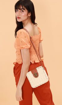 PENELOPE Sweetheart-Neck Puff-Sleeve Top (Melon)