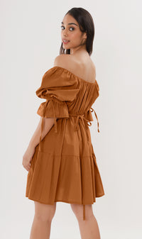 MADILYN Tiered Tie Puff-Sleeve Dress (Cinnamon Brown)