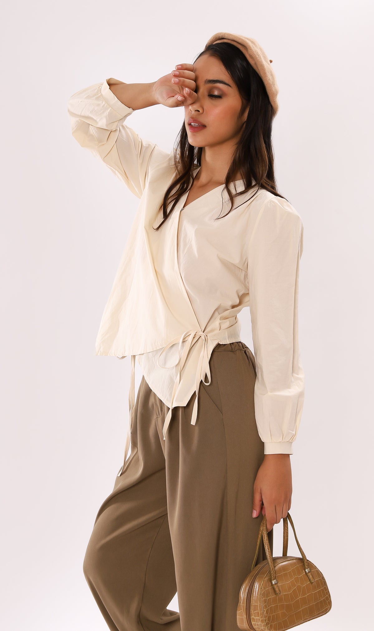 DESI Wrap-Front Long-Sleeve Top (Cream)