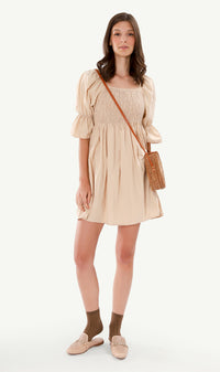REYA Smocked Puff-Sleeve Linen Dress (Nude)