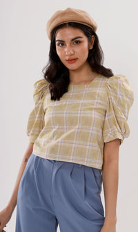 MARLA Plaid Puff-Sleeve 2-way Top (Yellow)
