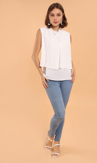 GEMMA Pleated Mock-Neck Top (White)