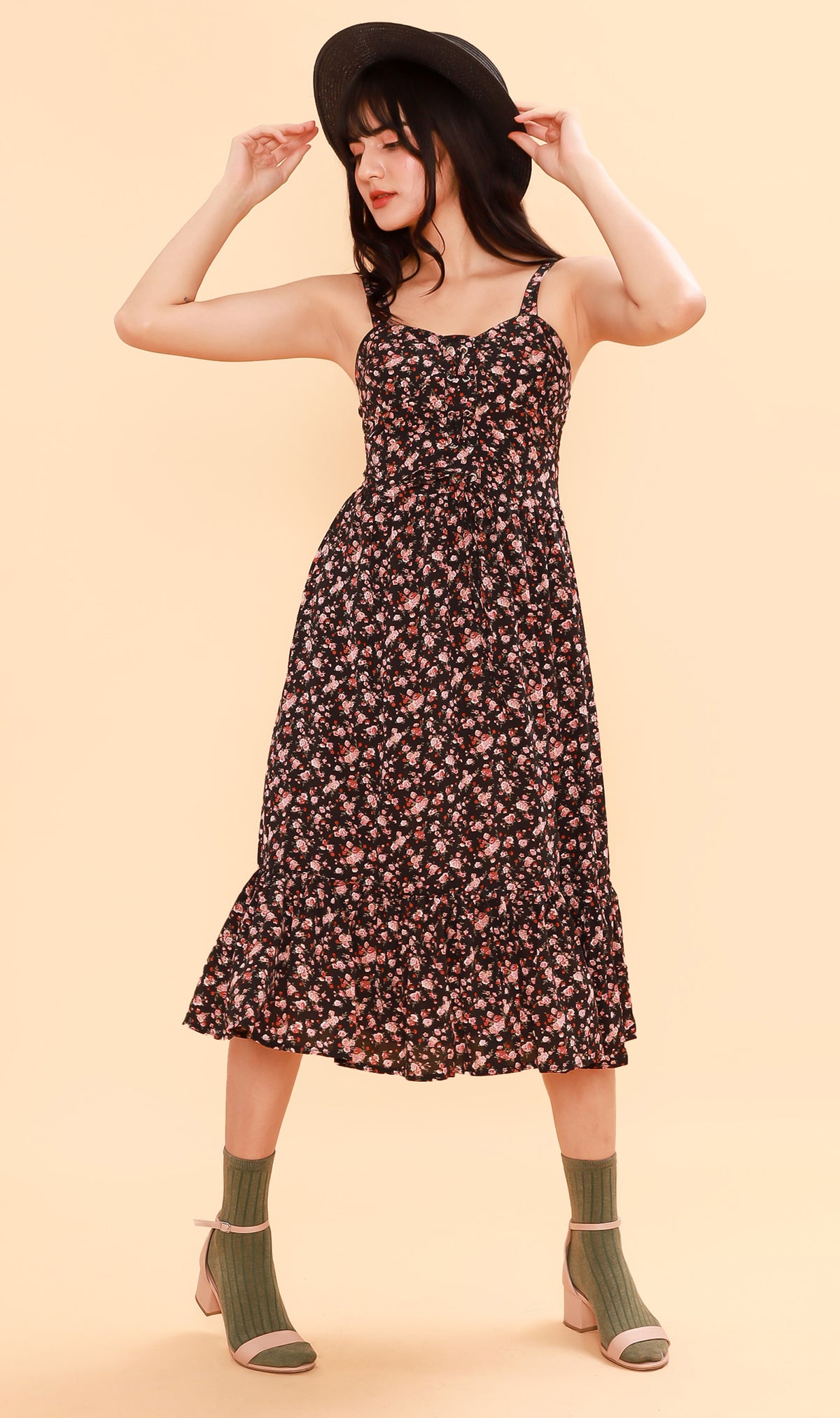 CRESSIDA Floral Lace-Up Midi Dress (Black)