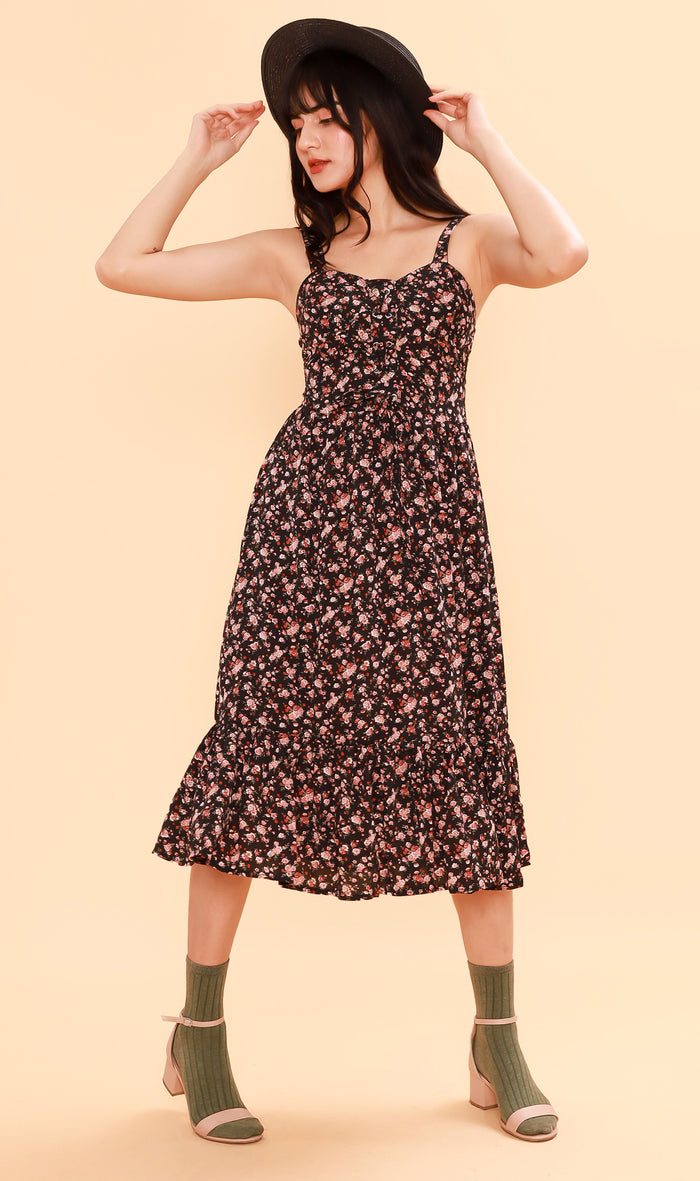 CRESSIDA Floral Lace-Up Midi Dress (Black)