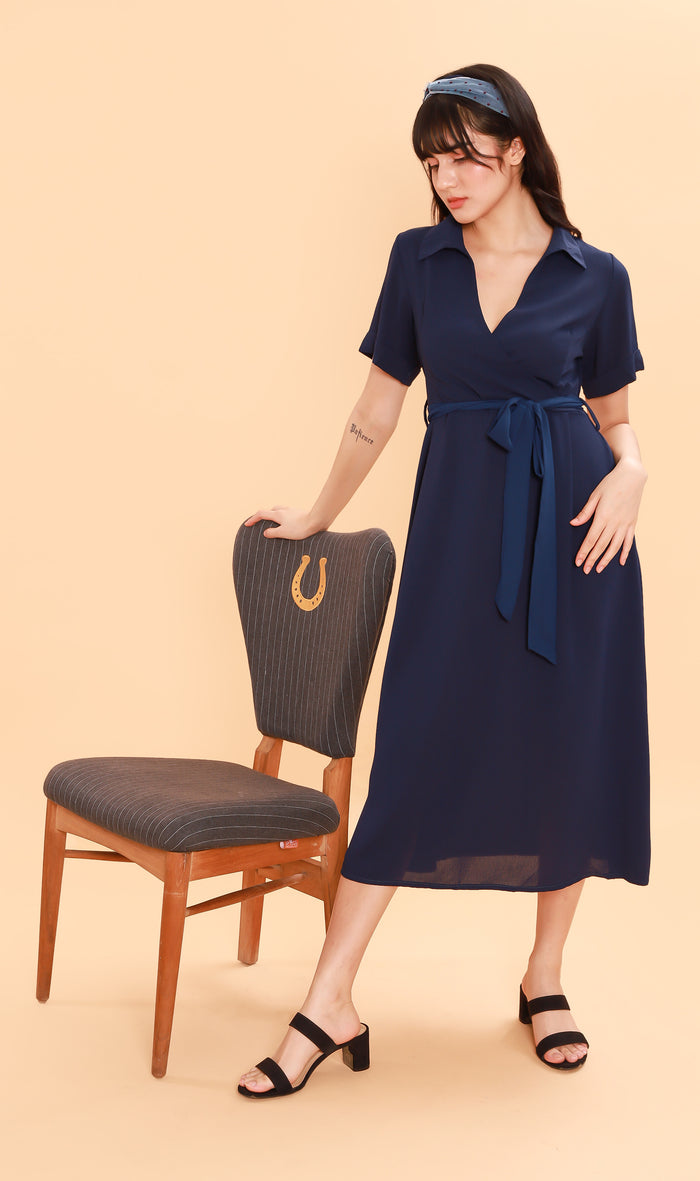BEATRIX Collared Surplice Dress (Navy)