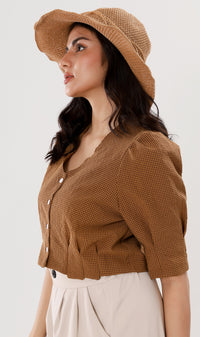 KATYA Buttoned Puff-Sleeve Grid Top (Cinnamon)