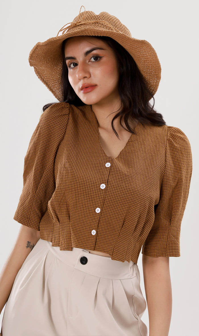 KATYA Buttoned Puff-Sleeve Grid Top (Cinnamon)
