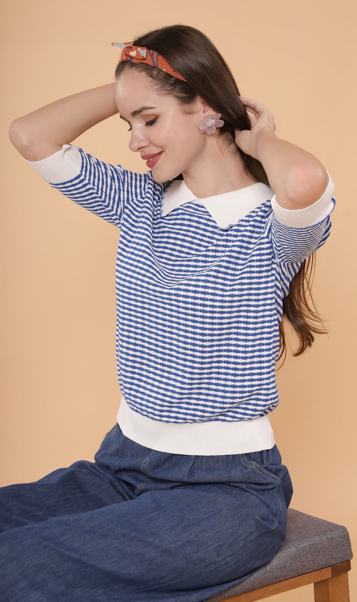 STEFANI Collared Knit Top (Blue)