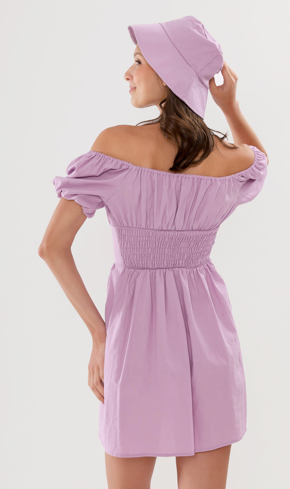 QUINCY Ruched Puff-Sleeve Dress w/ Hat (Lilac)