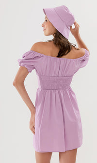 QUINCY Ruched Puff-Sleeve Dress w/ Hat (Lilac)