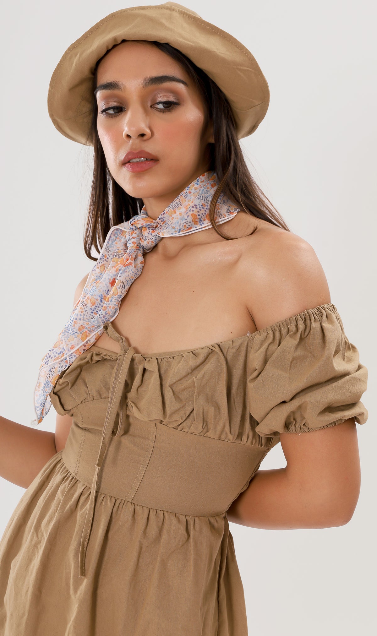 QUINCY Ruched Puff-Sleeve Dress w/ Hat (Mocha Brown)