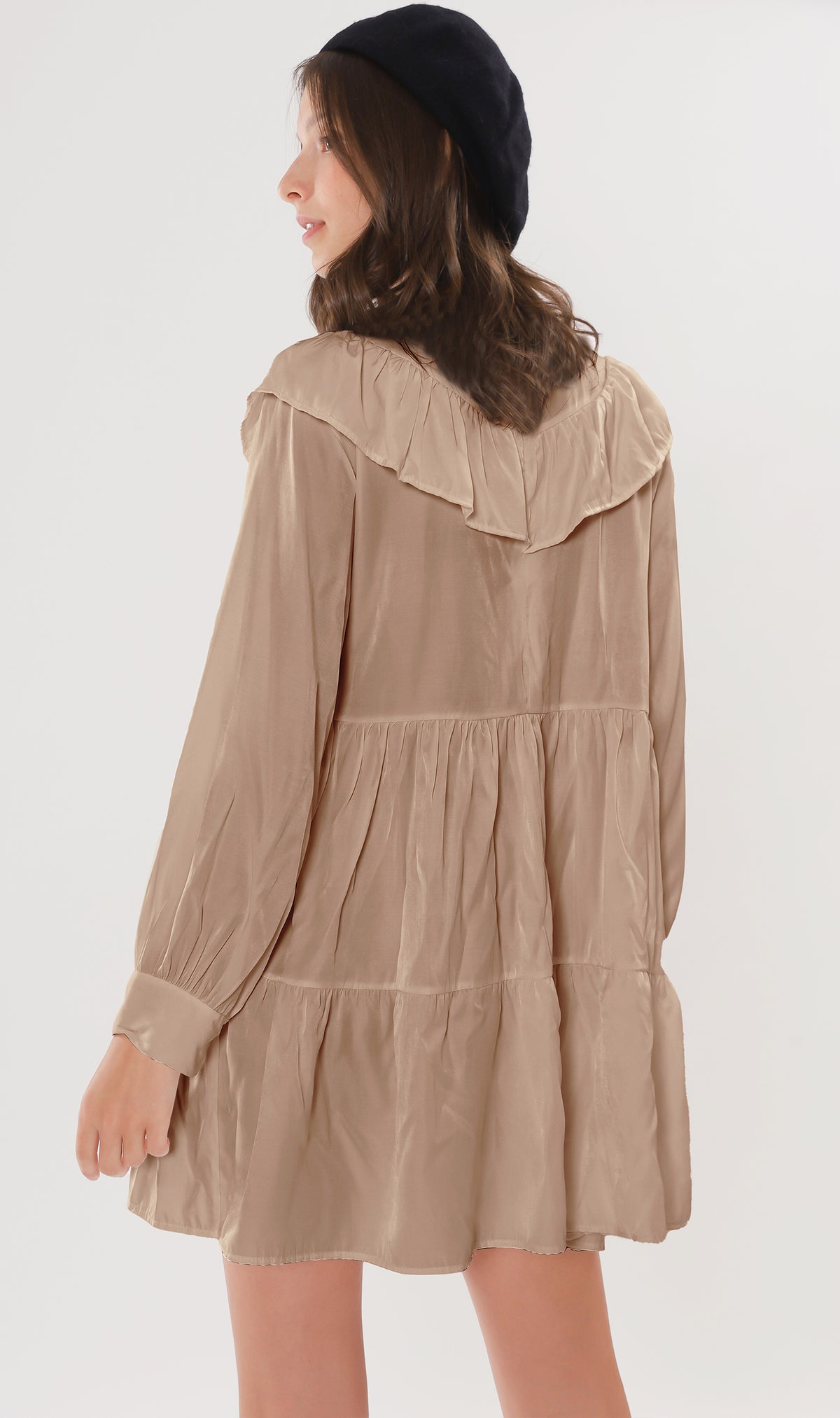 IMOGEN Bib-Collar Long-Sleeve Tiered Dress (Mocha)