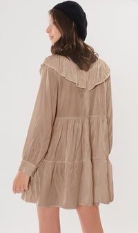 IMOGEN Bib-Collar Long-Sleeve Tiered Dress (Mocha)
