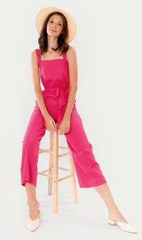 KHARI Linen Tie-Waist Jumpsuit (Magenta)