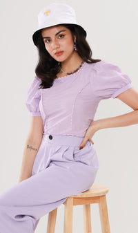 MOLLY Heart-Trimmed Puff-Sleeve Top (Lilac)