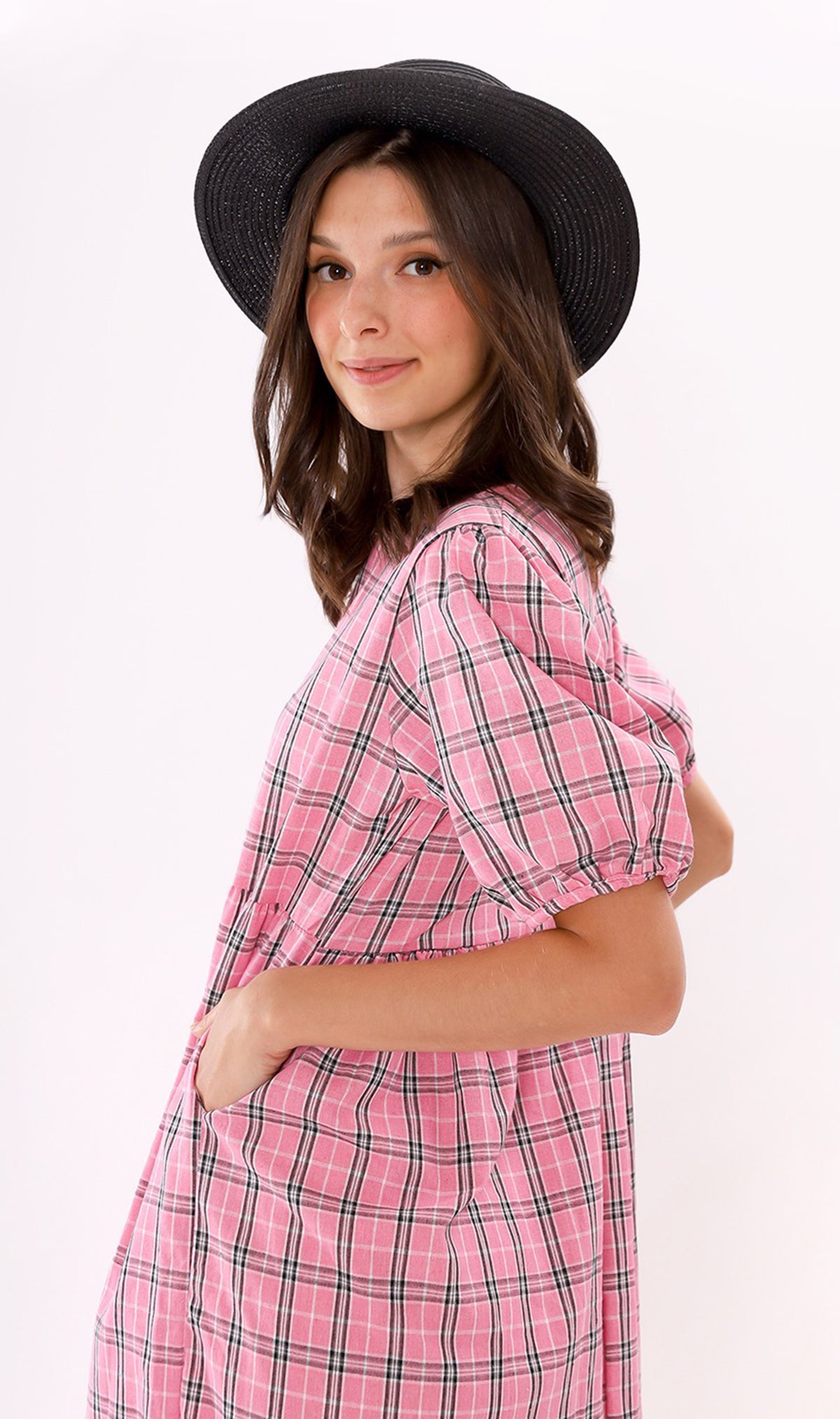 HAISLEY Puff-Sleeve Plaid Maxi Dress (Pink)