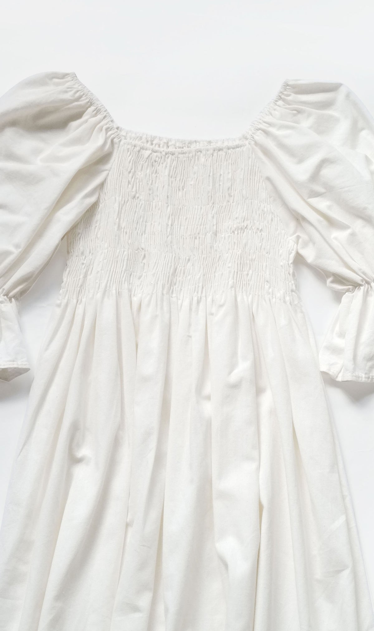 REYA Smocked Puff-Sleeve Linen Dress (White)