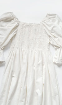 REYA Smocked Puff-Sleeve Linen Dress (White)