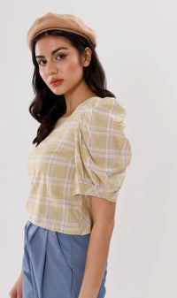 MARLA Plaid Puff-Sleeve 2-way Top (Yellow)