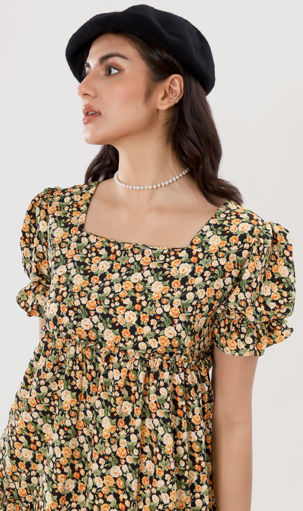JADE Tiered Puff-Sleeve Dress (Black)